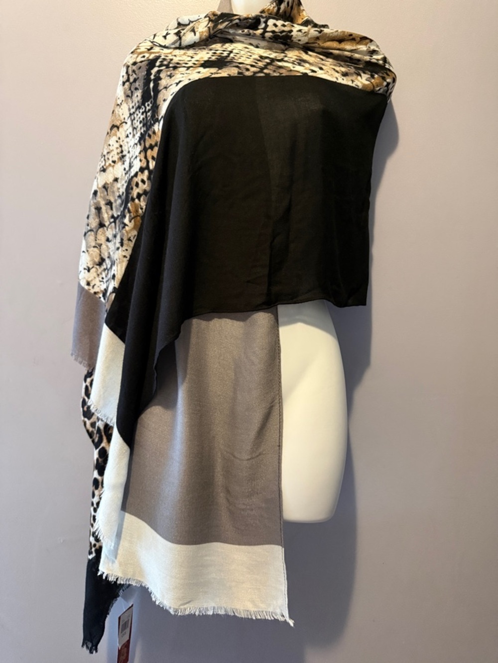 Carlos by Carlos Santana Taupe, Black & Cream Animal Mix Shawl - Picture 2 of 9